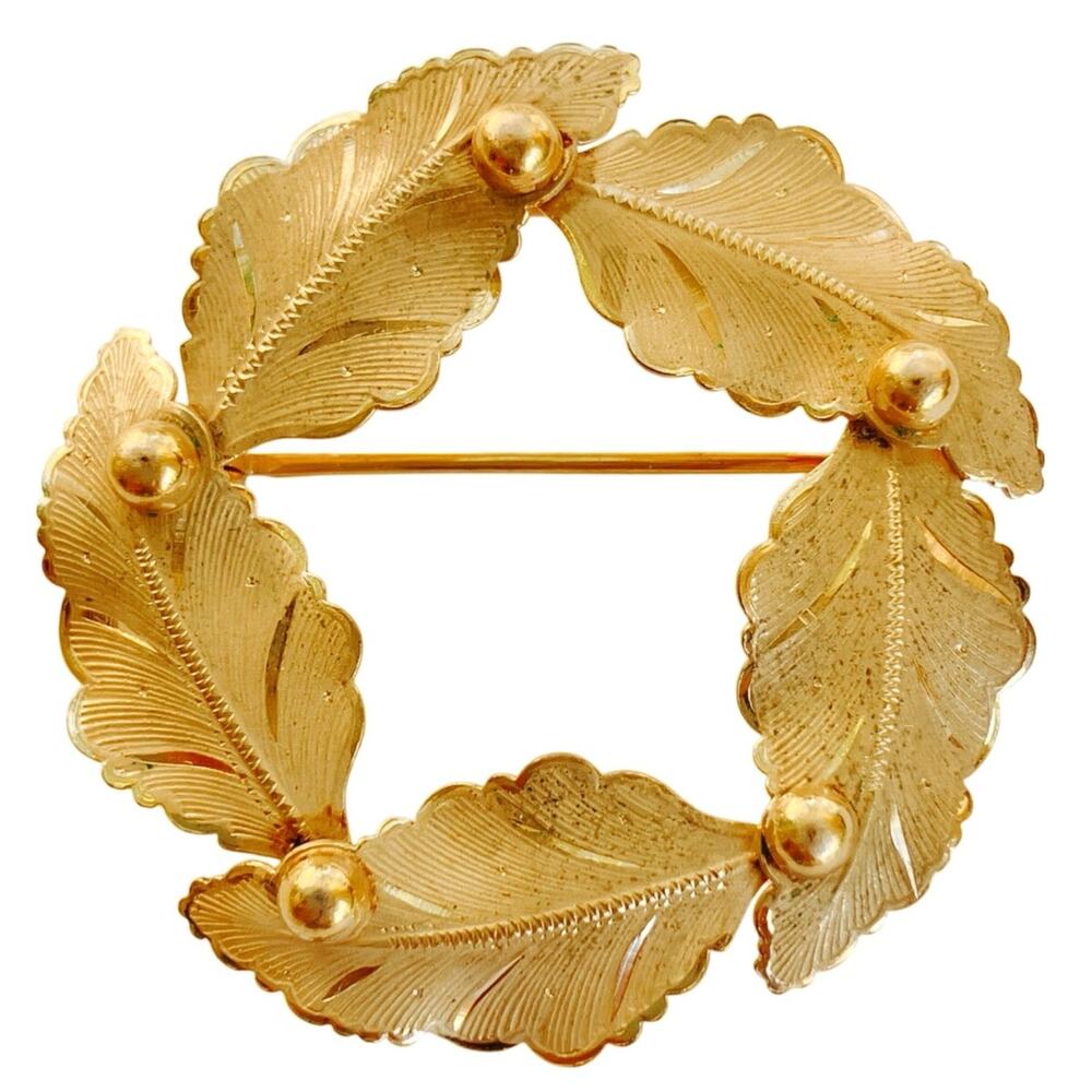 VTG Signed Mid Century 12K Gold Filled Laurel Wreath Brooch Textured Leaf Design